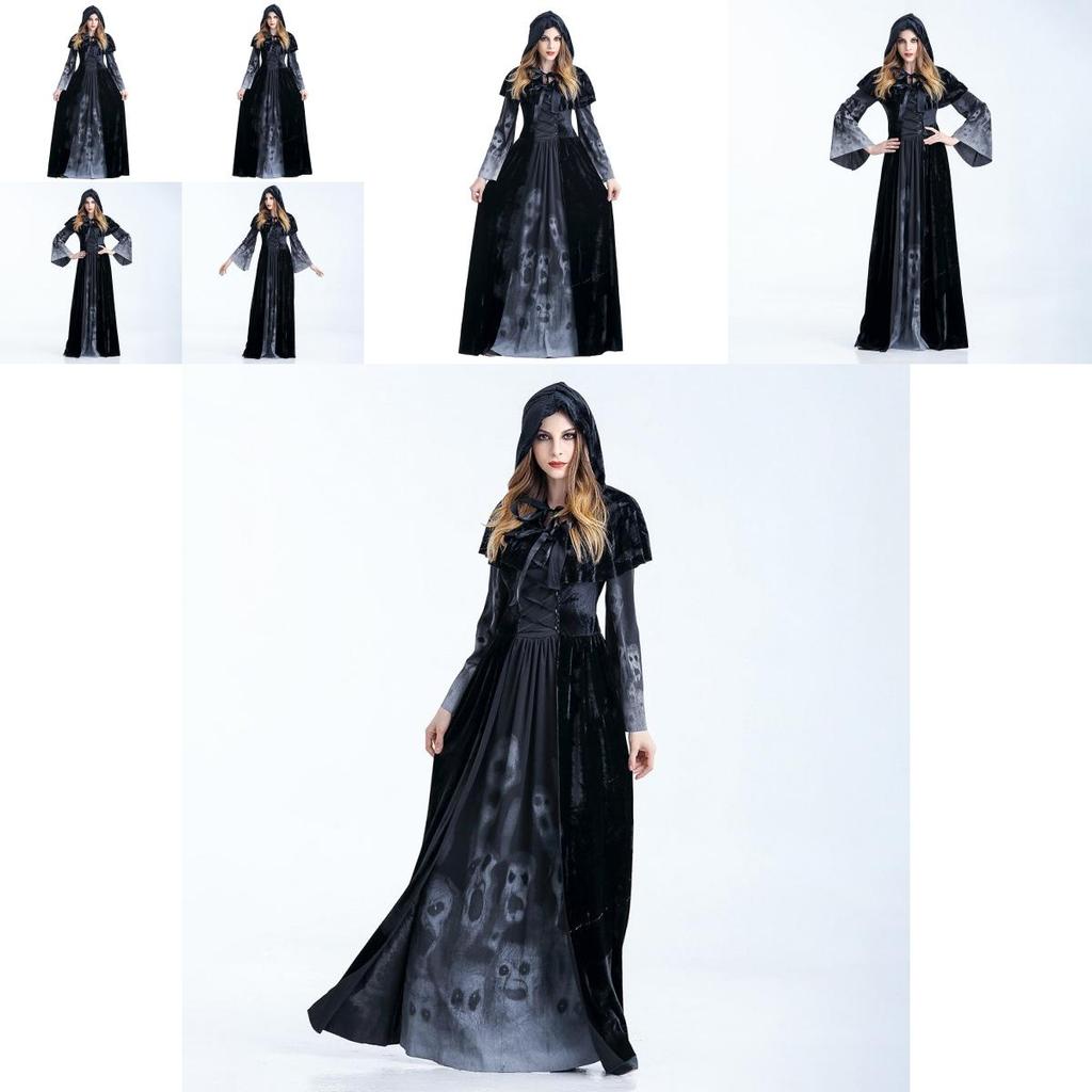 Stylish Halloween Skeleton Print Witch Vampire Costume For Women With Hooded Cloak And Skirt