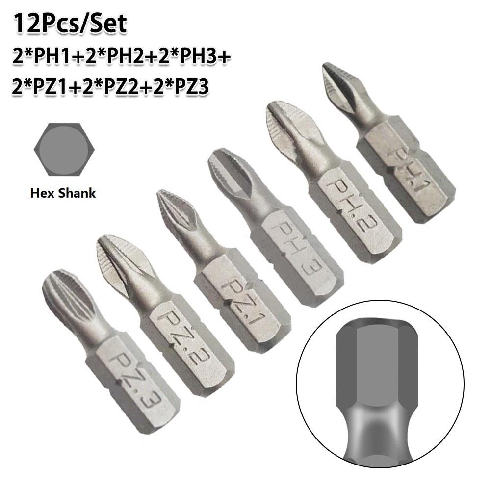 12 PCS/Lot 25mm Cross Bits Set Hex Shanked Anti Slip Screwdriver Bits Magnetic Non-Slip Drill Batch Head PH1/PH2/PH3/PZ1/PZ2/PZ3