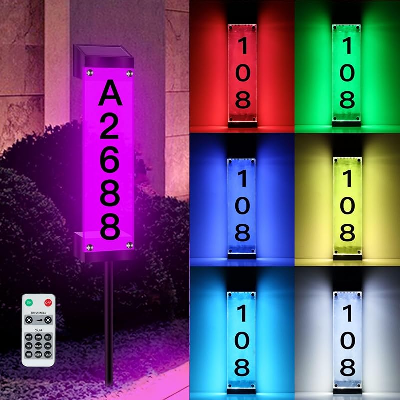 Solar House Numbers for Outside, Lighted Solar Address Sign Plaque Address Numbers for Houses Waterproof LED Solar Powered Address Sign with Stakes