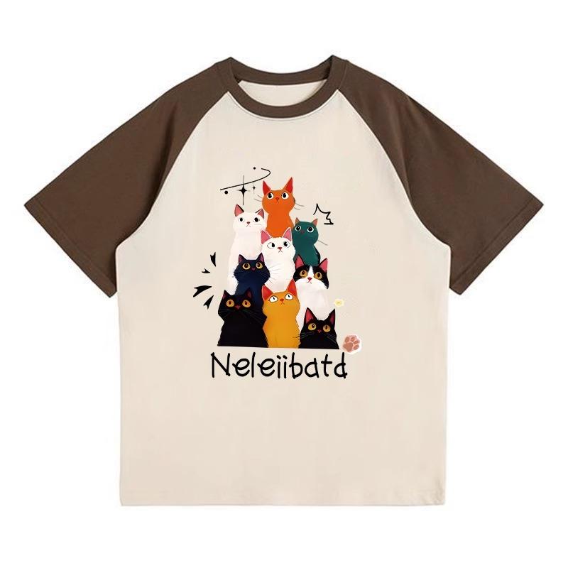 summer pure cotton Women funny cartoon Print T-Shirt harajuku Round Neck oversize Casual Y2K Tops young girl Color block t shirts streetwear