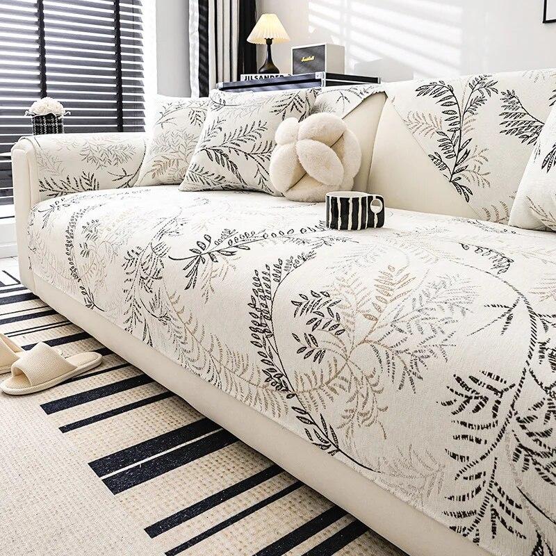 Chenille Sofabezug Weidenblatt-Jacquard Rutschfeste Sofabezüge Wohnzimmer L-Form Couch Überwürfe Sofamatte Massivholz Couchmatte