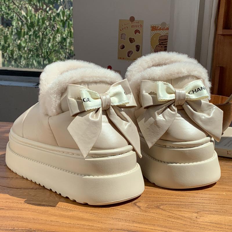 New fashionable thick-soled heightening bow cotton shoes winter velvet warm soft-soled shoes hairy snow shoes