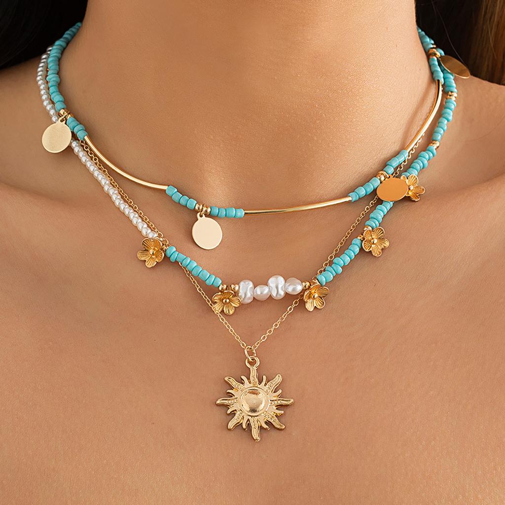 Accessories, Multi-layer Imitation Pearl Sequined Necklaces, Retro Ethnic Rice Bead Flower Pendants, Necklaces for Women