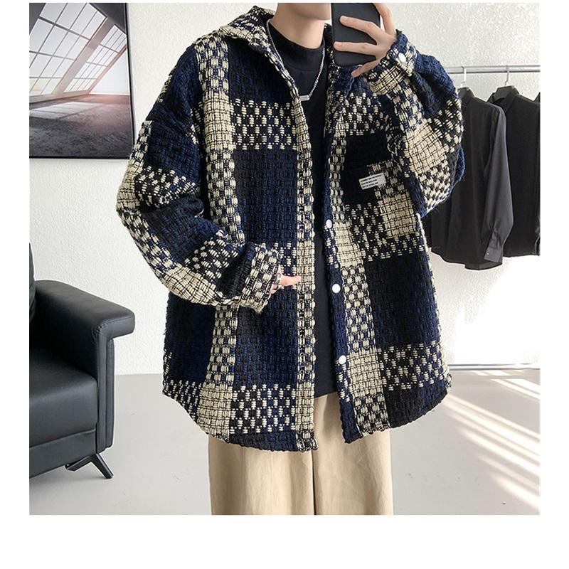 Men's Plaid Tweed Jacket Casual Button Down Shacket Coat Long Sleeve Loose Fit Streetwear Autumn Winter Fashion Outerwear