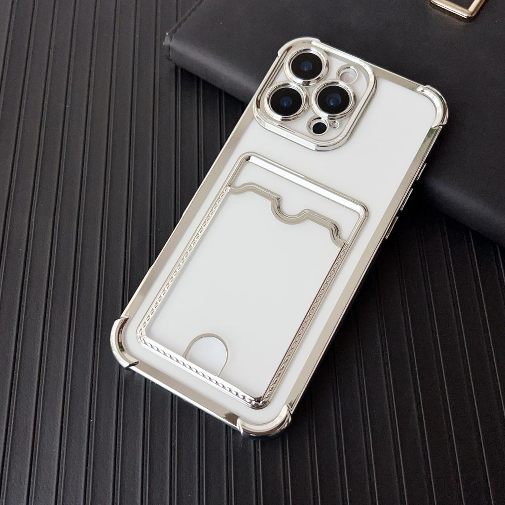 Soft Plating Card Holder Bag Case For iPhone 16 15 14 13 12 mini 11 Pro X XR Xs Max 7 8 Plus 16e Shockproof Transparent Cover