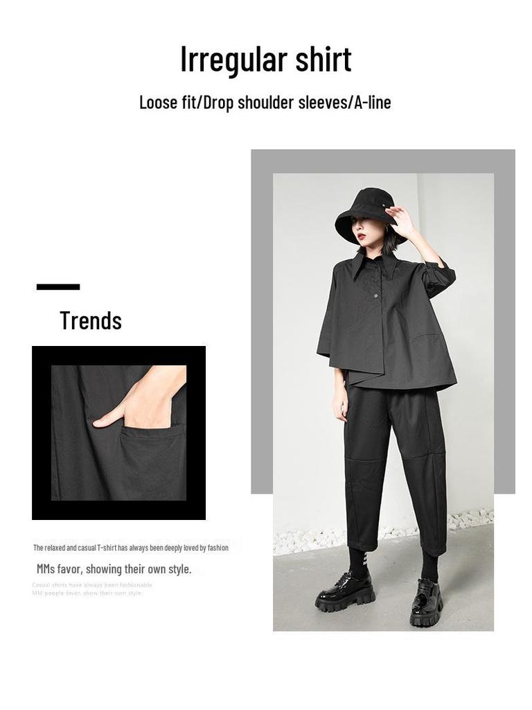 Hong Kong Style Trendy Irregular Three-Quarter Sleeve Women's Blouse - Loose Casual Spring/Summer Shirt