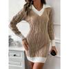 Long Sleeve Knitted Short Dress With Doll Collar Color Block