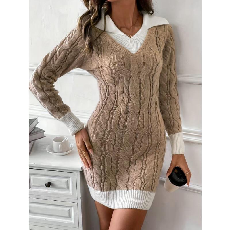 Long Sleeve Knitted Short Dress With Doll Collar Color Block