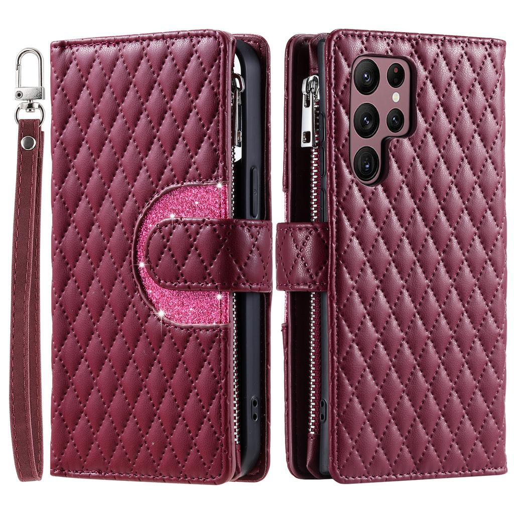 Bling Lanyard Leather Wallet Case for Samsung Galaxy S24 Ultra S23 FE S22 Plus S21 A15 A25 A35 A55 Zipper Cards Solt Bag Cover
