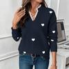 Women V Neck Heart Pattern Pullover Knit Sweater Autumn Casual