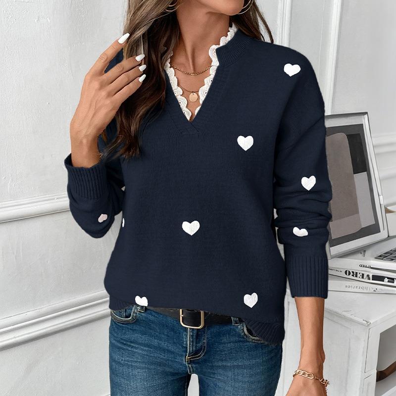 Women V Neck Heart Pattern Pullover Knit Sweater Autumn Casual