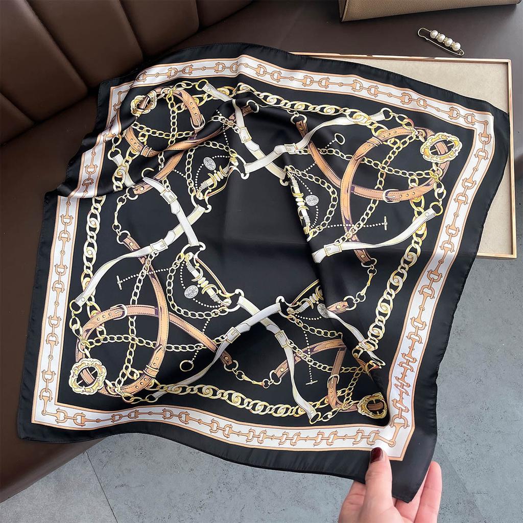 Luxury Brand Silk Satin Head Scarf For Women Chain Print Kerchief Neck Scarfs 70cm Square Shawls and Wrpas Scarves For Ladies