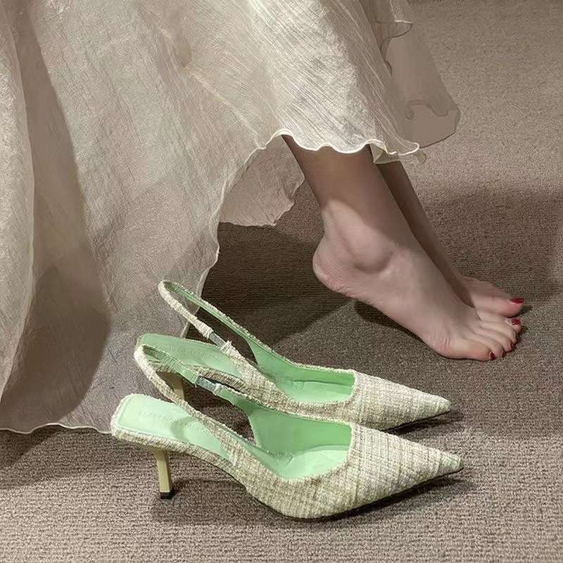 2025 neue Frühling- und Sommer-Koreanische Version kariert farblich passend hochhackige Einzel-Schuhe spitze Zehen flacher Ausschnitt hinten dünner H