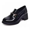 Women's Single Shoes Spring New Round Head Thick Heel Medium Heel Small Leather Shoes Cow Patent Leather Metal Buckle Low-top Shoes