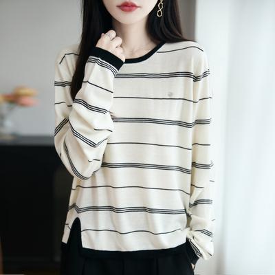 Herbstlicher neuer lässiger und schlichter Colorblocking-Streifenpullover, lockeres langärmeliges T-Shirt als Basisschicht