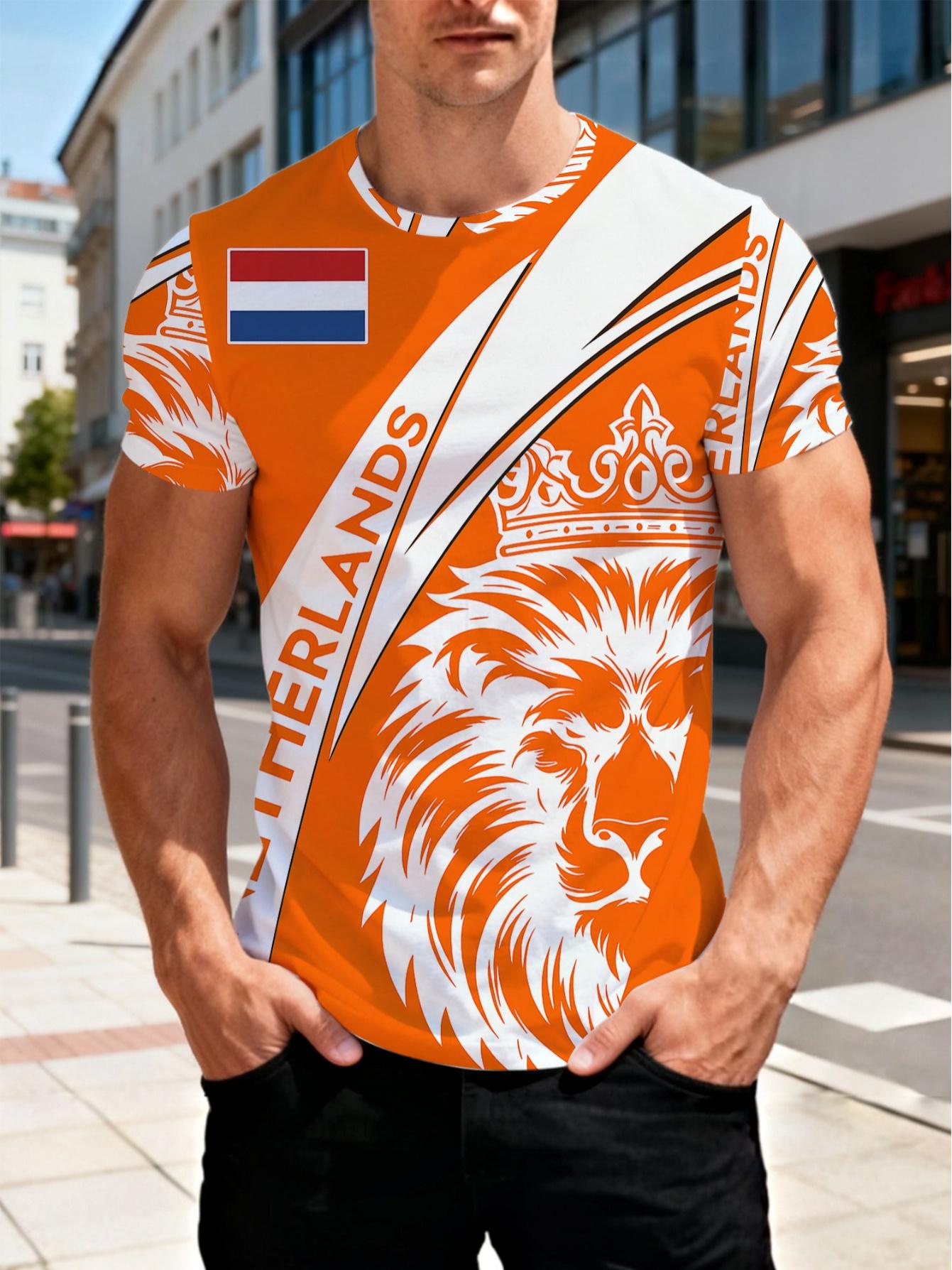 

Digital Print - Men S Casual Short-Sleeve T-Shirt Featuring a Lion And Dutch Design, Bright Orange And White Stripes, Round Neck T-Shirt L