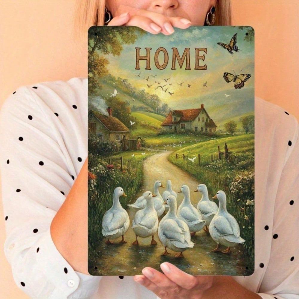 Rustic Vintage Home Sign White Geese Butterflies Farmhouse Wall Decor 8x12 Inch Metal Plaque