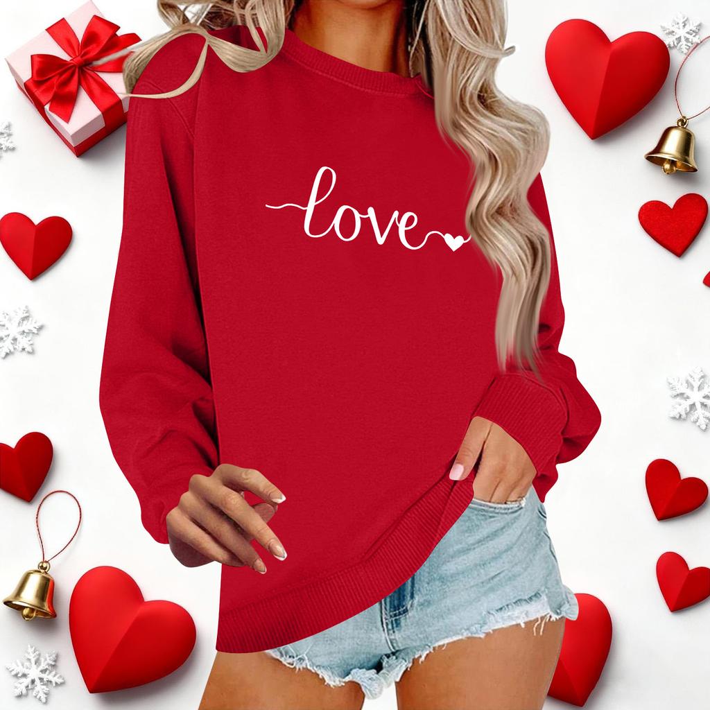 Lässiges Pullover-Oberteil mit Rundhalsausschnitt und langen Ärmeln für Damen mit Valentinstags-Print