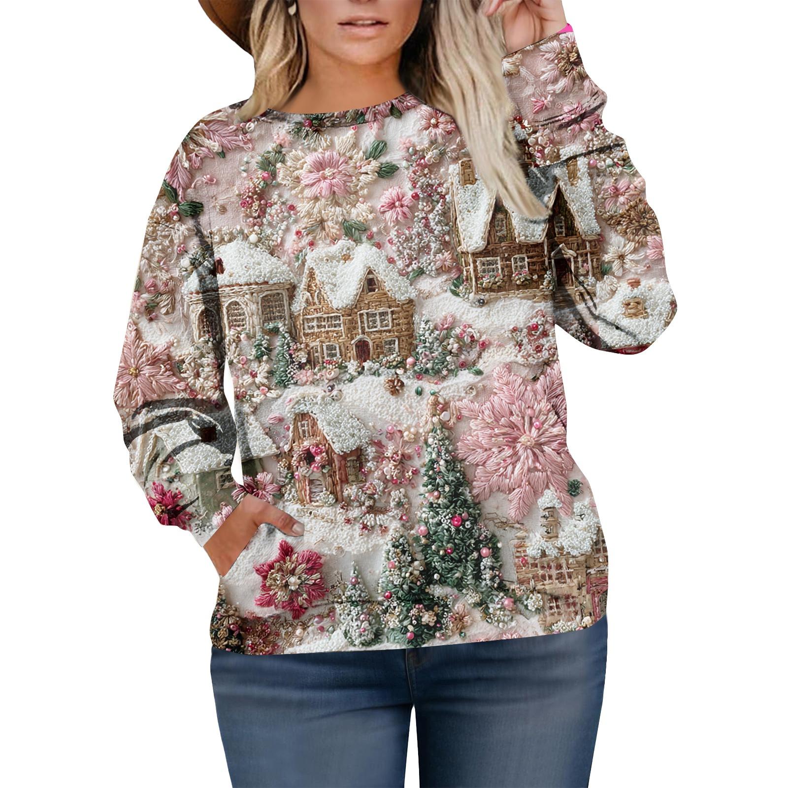 

Рождественские толстовки для женщин свитер милая рубашка осенний пуловер топ XXXL розовый