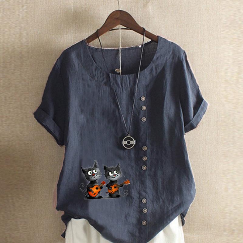 Women's Fashion Music Cat Prined Short Sleeve T-shirt Loose Cotton Shirt Casual Loose Summer Blouse Tops Plus Size