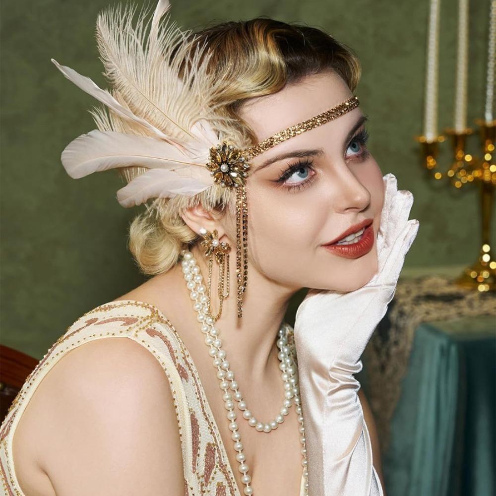Water Diamond Feather Headwear 1920s Hair Band Rhinestone Headpiece Chain Brides Makeup