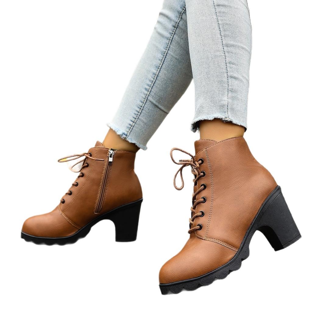 Autumn and Winter New Thick Heel High Heel Fashion Martin Boots Women's European and American Round Head Side Zipper Large Size Foreign Trad