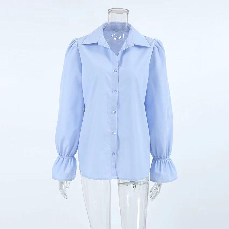 

Western Style Simple and Versatile Slim fit Top Lapel Bell Sleeve Fashion Shirts Flared Sleeve Shirt Blue L