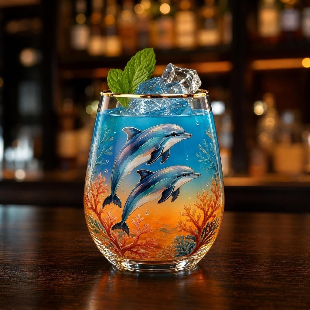 Decorative Glass Cup with Dolphin Print for Home Use Juice and Beverage Drinking Stemless Design Dishwasher Safe 16oz Capacity