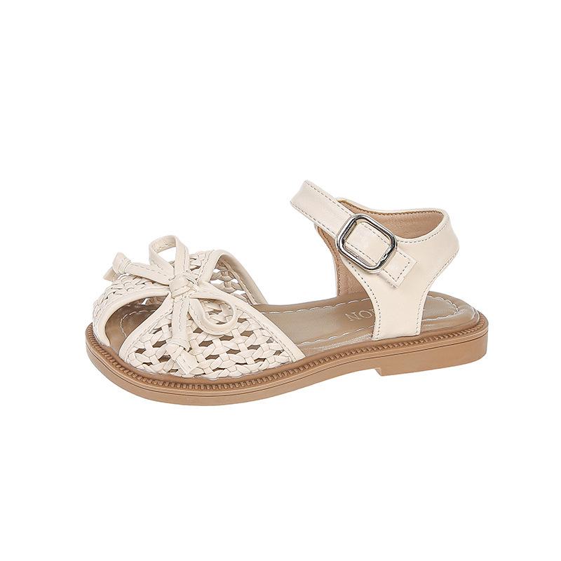 Girls' 2026 Korean Style Bow Knot Closed Toe Sandals - Soft Sole Woven Princess Shoes for Little Girls