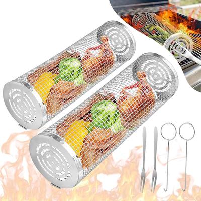2 Pcs Set of One Large and One Small Rolling Barbecue Basket, Stainless Steel Large Circular Barbecue Basket with Hook and Fork