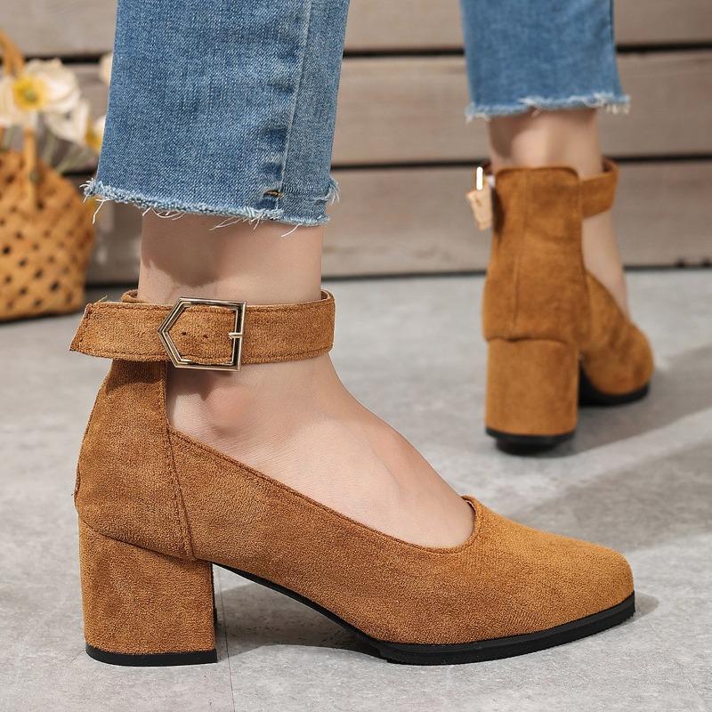 Autumn New Thick Heels Women's Brown One-line Buckle Shallow Mouth Woman Single Pumps Suede Large Size Work Shoes