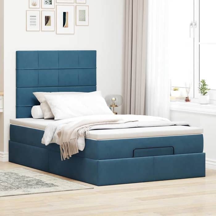 VidaXL Cadre de lit ottoman avec matelas bleu foncé 120x190 cm velours, cadre de lit, cadre de lit rembourré, cadre de lit 3313461