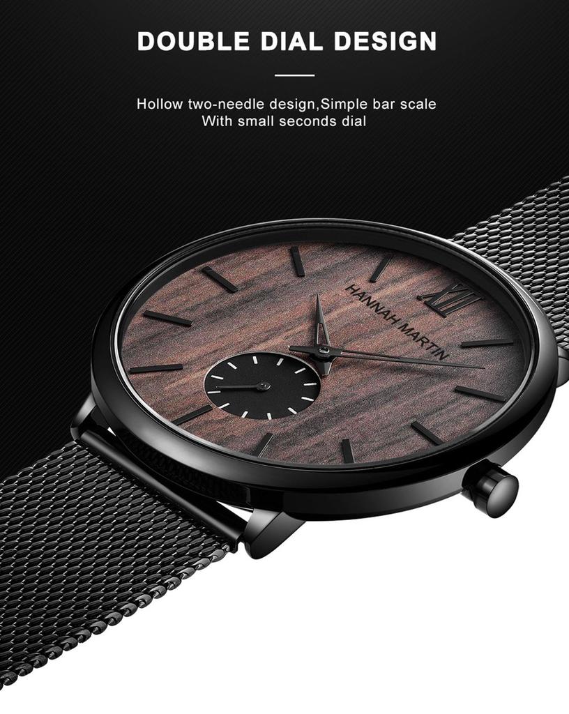 Hannah Martin Men's Watch Black Ultra-Thin Watch Men's Fashion Waterproof Dress Stainless Steel Band (Walnut) [Parallel Import]