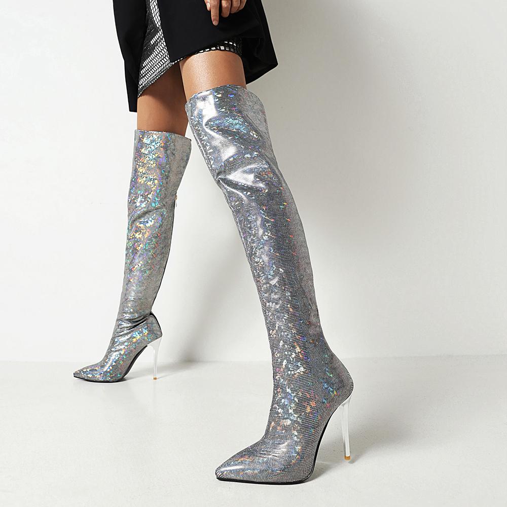 Glänzendes Gewebe Mikrofaserleder Sexy Ultrahoher Metall-Stilettoabsatz Damen Overknee-Stiefel Künstlerische Graffiti-Farbe Langer Stiefel