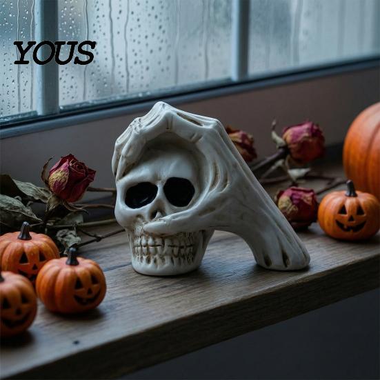 Unique Halloween Theme Souvenir Skull Hand Sculpture, Gothic Skeleton Head Figurine, Spooky Resin Indoor Bar Atmosphere Props Decoration for