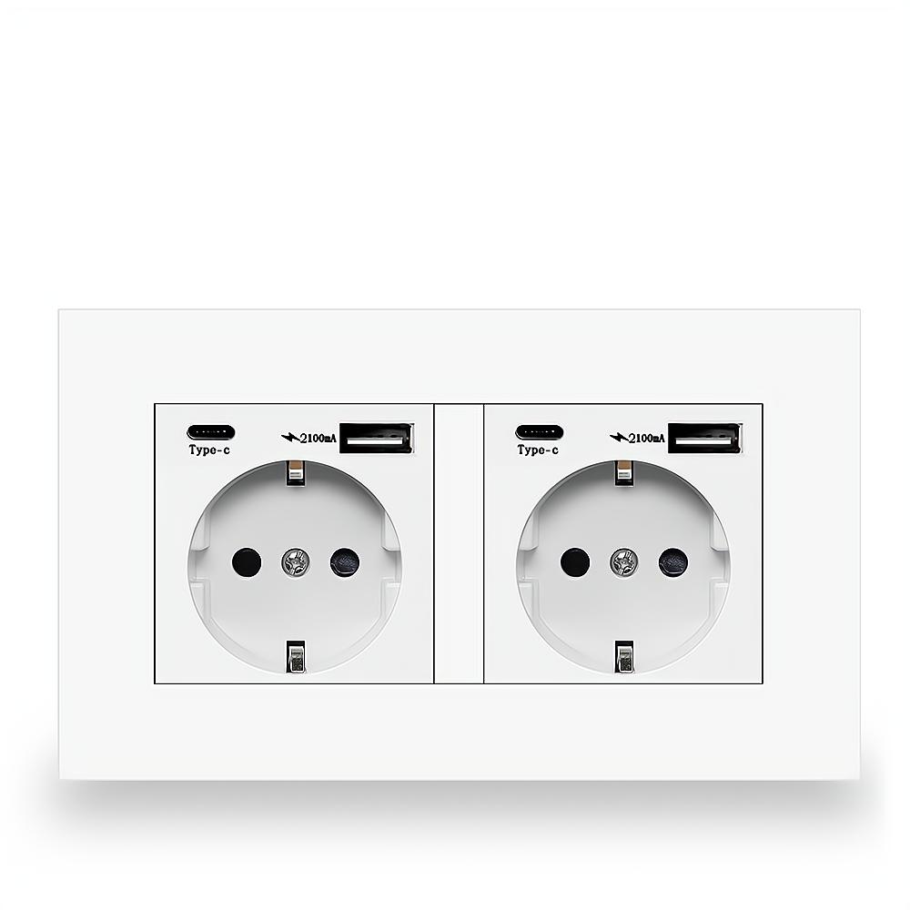 EIOMR EU Standard Power Socket, Single and Double 220V 16A White Black PC Panel EU Socket, Wall Usb Type-C Plugs Outlet for Home