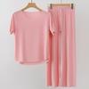 2Pcs/Set Women Pajamas Seamless Ice Silk Round Neck Short Sleeve Solid Color Elastic Waist Wide Leg Loose Soft Breathable Homewear Top Pants Set