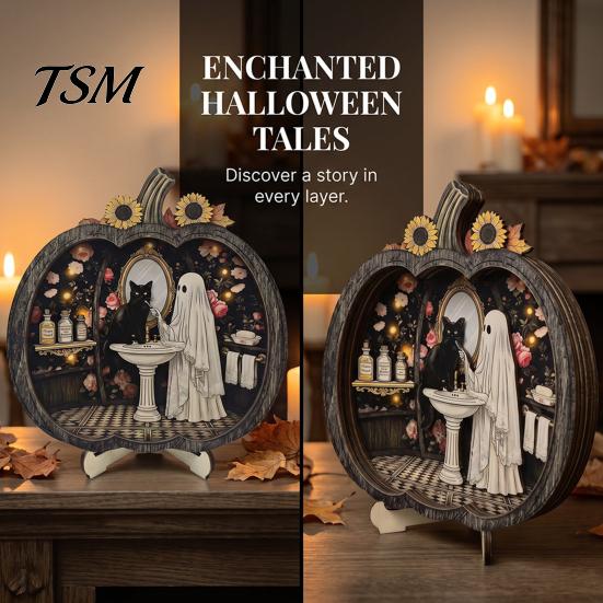 Wooden Desktop Shelf Accessory Halloween Ghost Tabletop Ornament, 2D Flat Cute Reading Bathing Fall Harvest Home Decoration Watering Plaque with Stand
