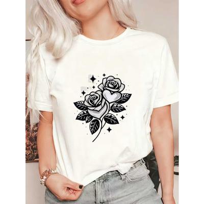 Oversized T Shirt Black Rose And Heart Print Casual Wear For Women Summer Outfit Streetwear Fashion Top