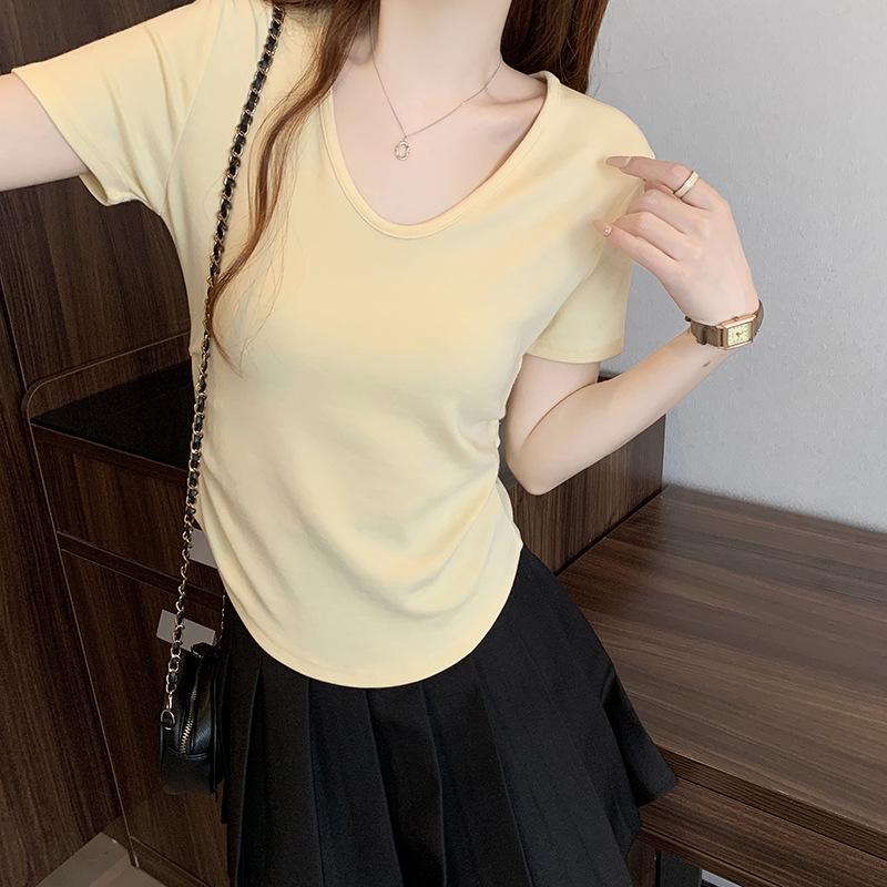 2026 Summer Plus Size Women's Korean Style Youthful Solid Color Ruffled Short Sleeve T-Shirt