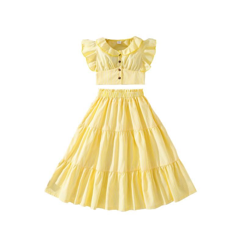 Flickornas Moderiktiga Gula Outfit - Sommar Barnens Eleganta Topp och Kjol Set