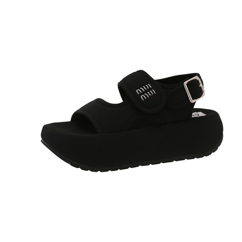 2025 summer new Velcro thick-soled muffin one-word sandals women wear one-pedal heightening casual beach shoes