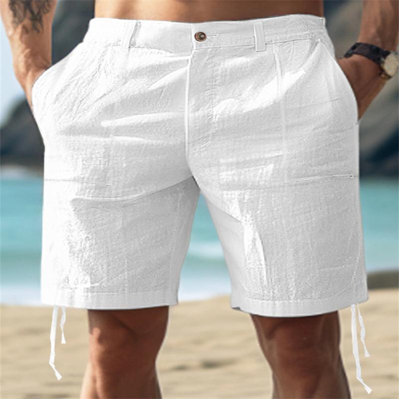 Men's Linen Summer Solid-Colour Buttoned Beachwear Breathable Shorts for Daily Outdoor Wear