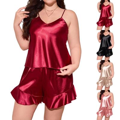 Damen Satin-Camisole und Shorts Schlafanzug-Set mit verstellbaren Trägern, Rüschensaum-Shorts und entspannt geschnittener Loungewear