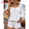 Camicia Casual in Lino da Donna con Maniche a Lanterna e Scollo Quadrato per le Vacanze Estive