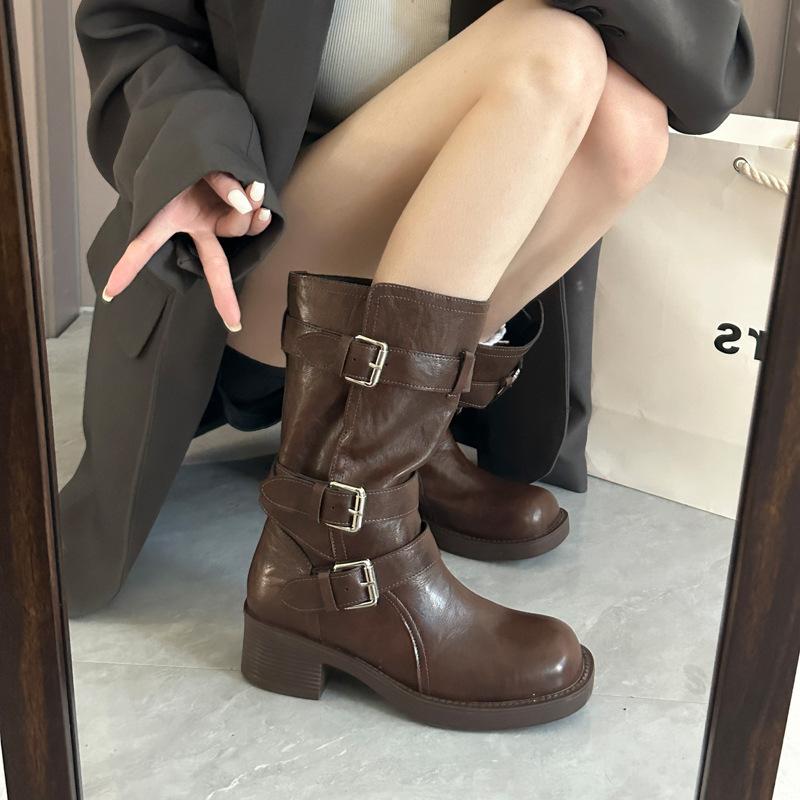 

осень 2025 маленький мужчина выше и худее полусапоги женские сапоги ретро британский толстый высокий каблук ботинки Мартин женские 40 коричневый