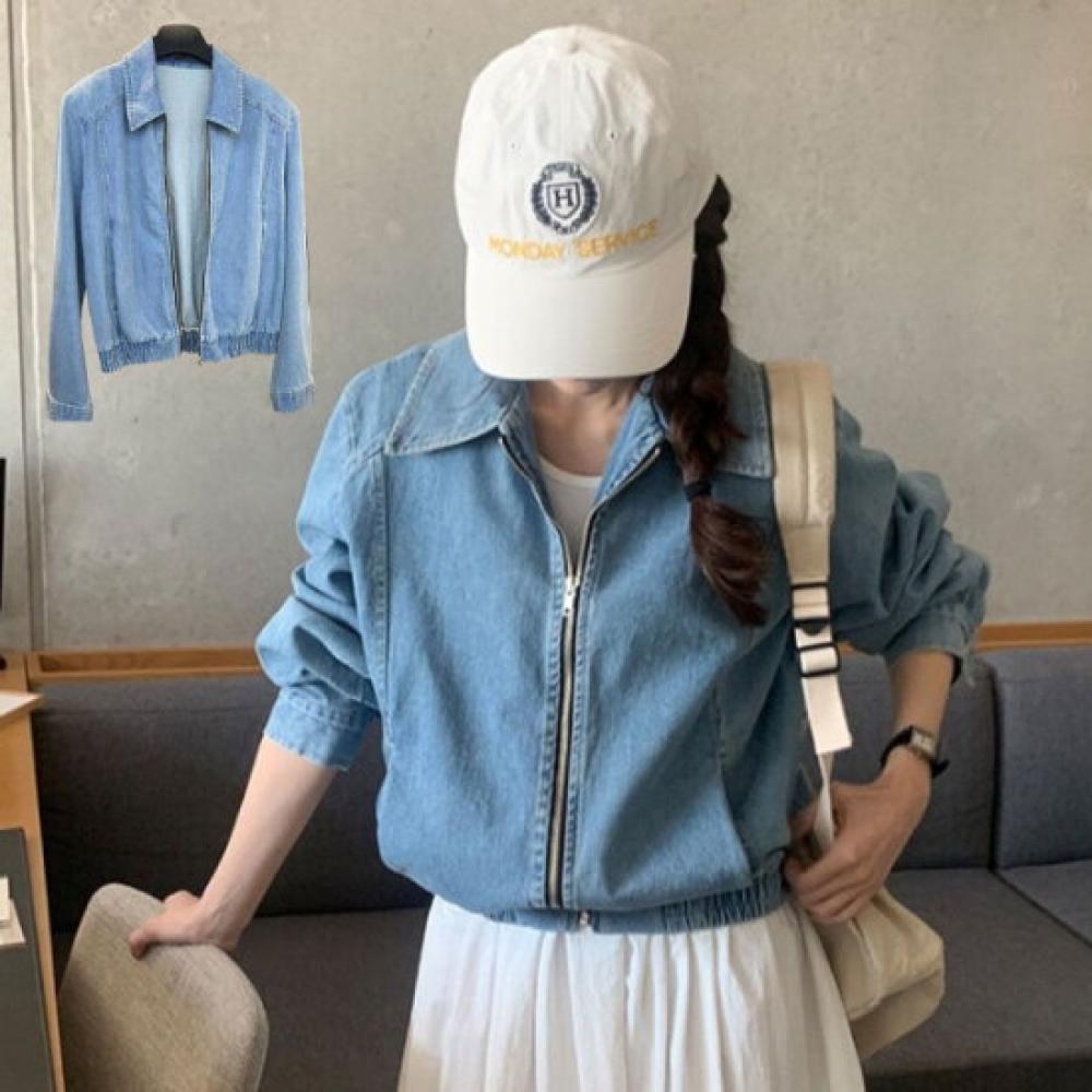 Shop Women S elaStic Hem Zip Up Denim Jacket Light Blue Wld Wjk SiS583