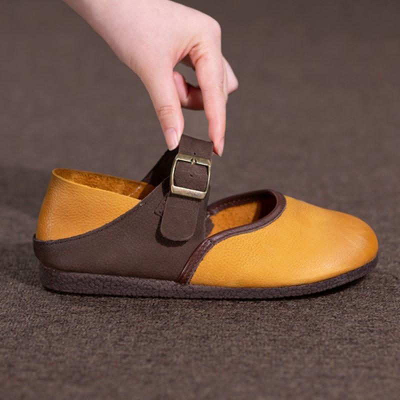 Johnature Genuine Leather Shallow Flats Breathable And Non Slip Soft Sole Retro Mixed Colors Women's Shoes