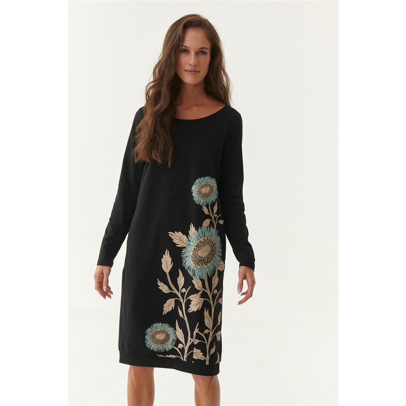 

Export OEM Goods Tail Goods Autumn New Arrival Cotton Leaves Flowers Soft Rubber Printing Ladies Long Sleeves Ladieswear Dress Black S