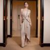 Premium neck evening dress new European and American v-neck sexy backless strap-up dress temperament long dress